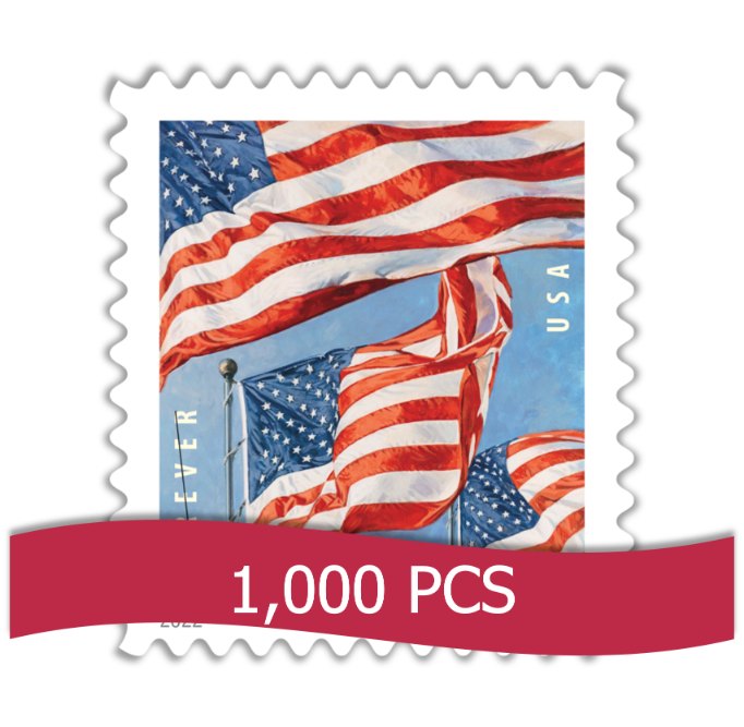 Cheap wholesale discount US Flag Forever Stamps in 1000 piece bulk for sale, 20X22edition, authentic USPS postage for everyday mailing and business use
